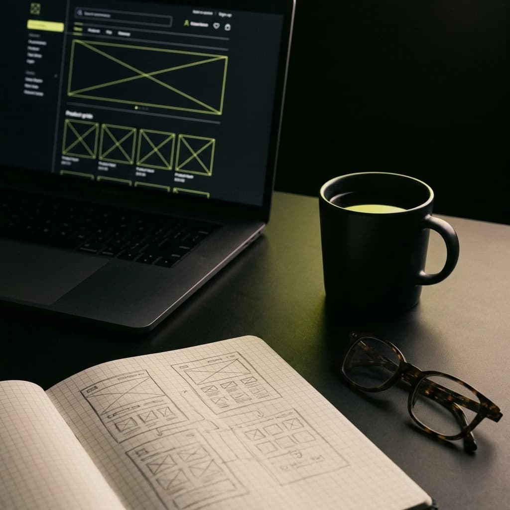 Laptop showing a store wireframe beside a notebook of hand-drawn page layouts